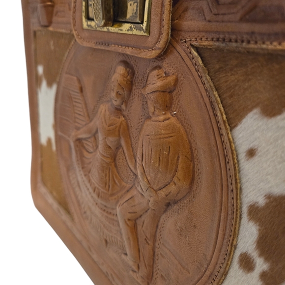 Vintage Mexican Hand Tooled Leather Purse Handbag Cowhide Western 1970s - Picture 3 of 15